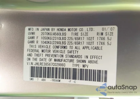 2007 Honda Cr-V Ex from USA, damaged, VIN JHLRE38567C029993